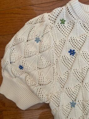 Aqua 100% Cotton Pointelle Knit Sweater Floral Embroider Cottagecore Soft Girl S